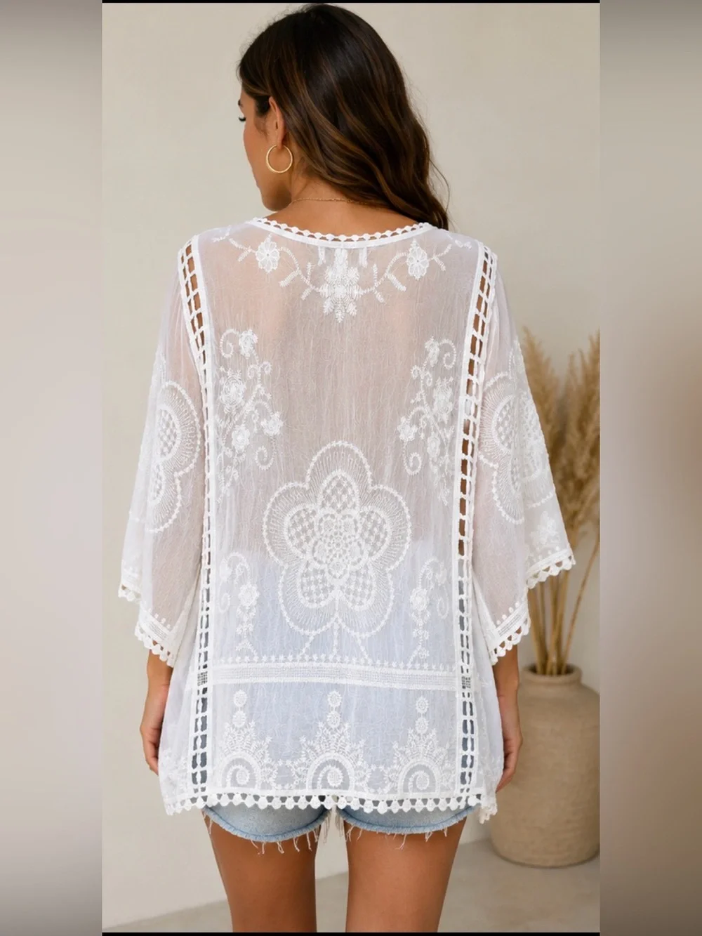 Anne liege Women’s White Embroidered Sheer Boho Tunic Cover Up Top Size L. - Picture 2 of 8